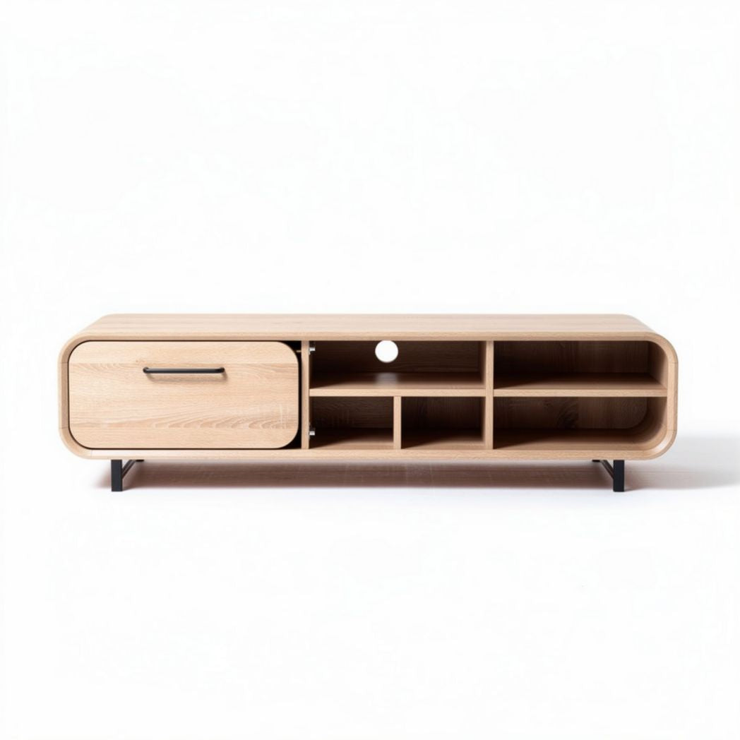 Lage houten tv-kast met 6 open vakken en 1 lade 120 x 40 x 35cm