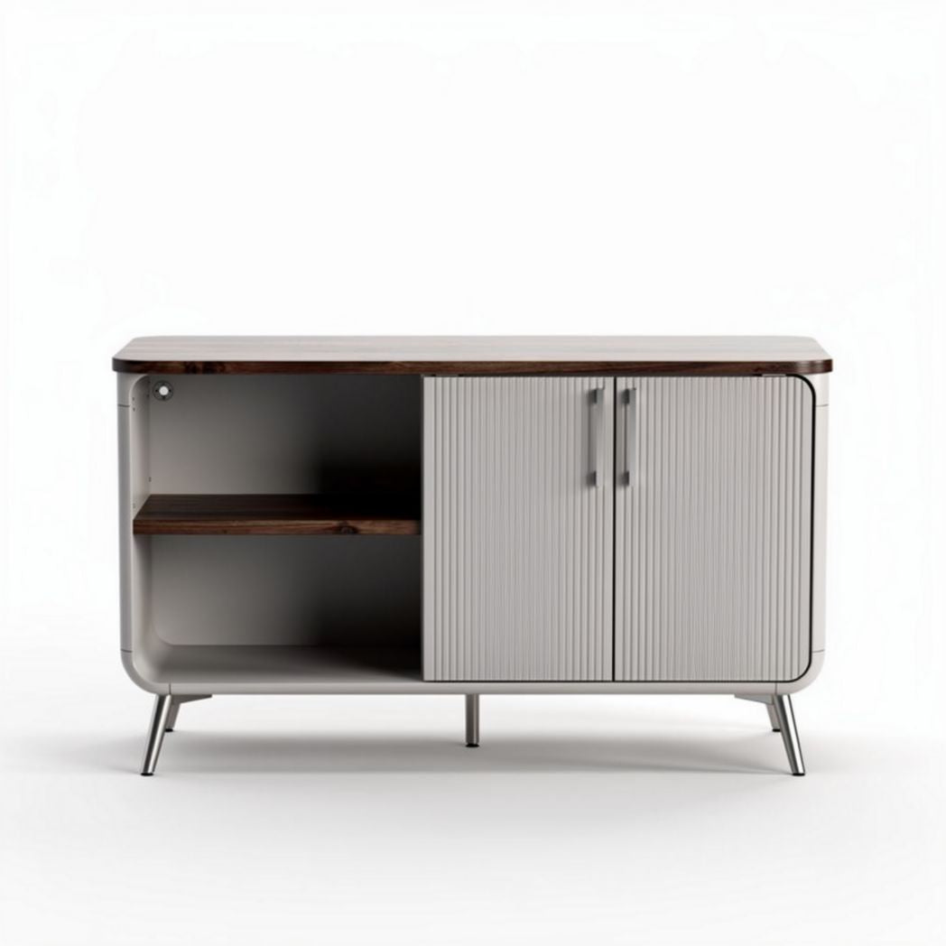 Dressoir in grijs met houten bovenblad en twee deuren 90 x 40 x 70cm