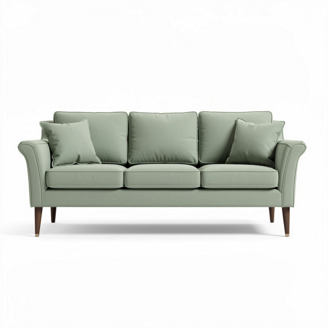 Groene stoffen bank met kussens en houten poten 200 x 90 x 85cm