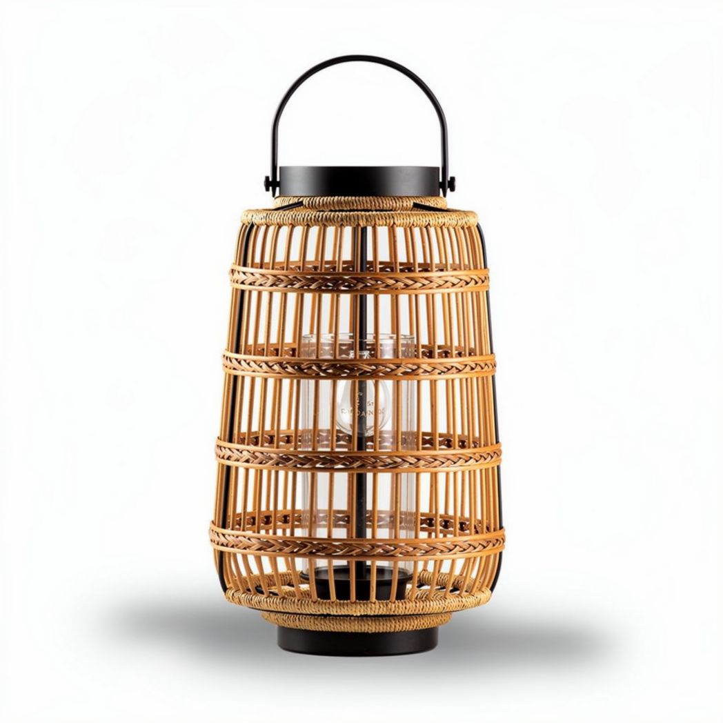 Lantern van riet met zwart metalen handvat en glazen binnenkant 30 x 30 x 50cm