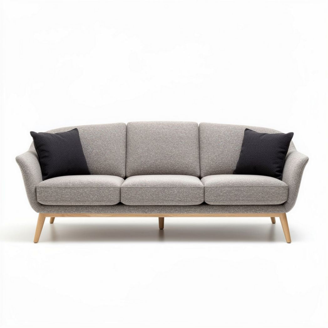 Grijze stoffen bank met houten poten en kussens 200 x 90 x 85cm